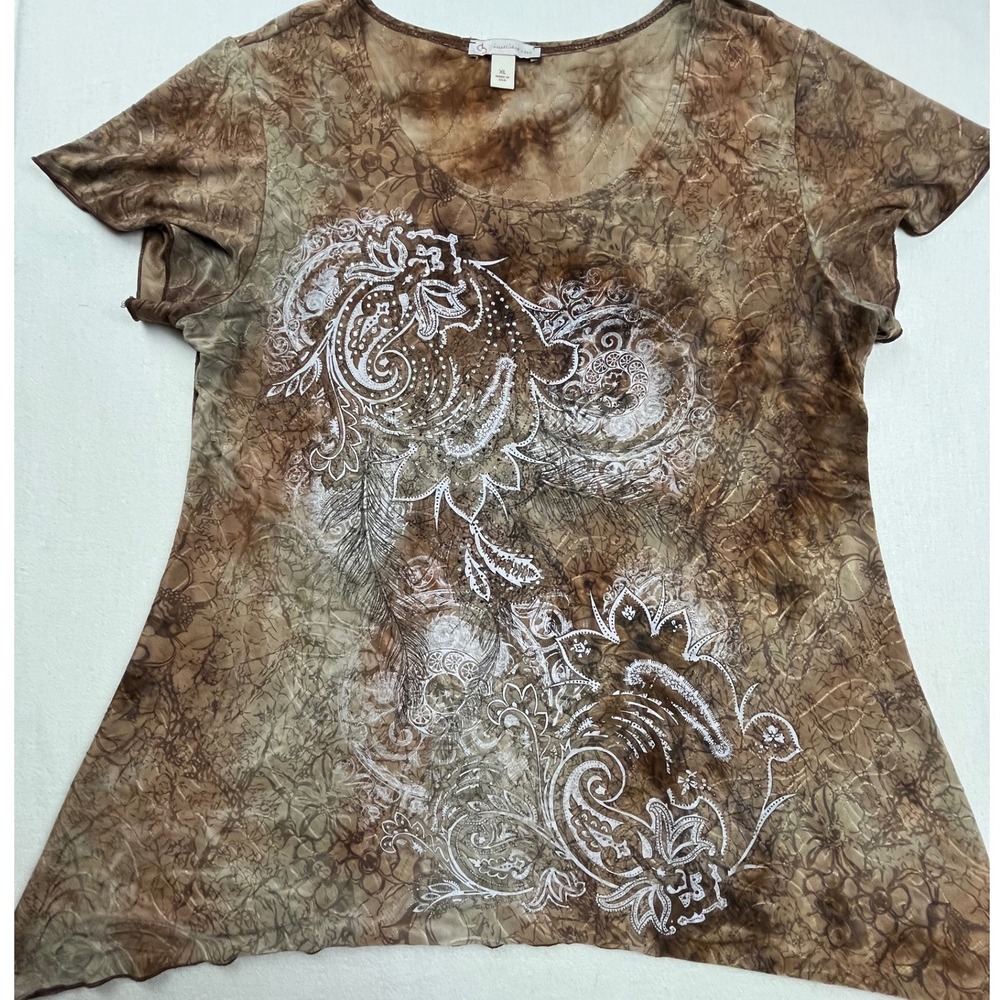 Christopher & Banks Brown Paisley Rhinestone Top Womens‎ XL Short Sleeve Blouse